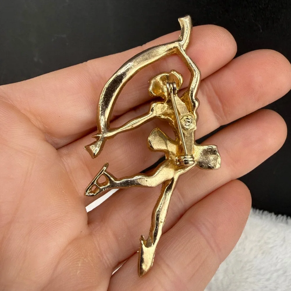 Vintage Ice Capades Brooch Gold Blue Enamel Figure Skater Banner Pin